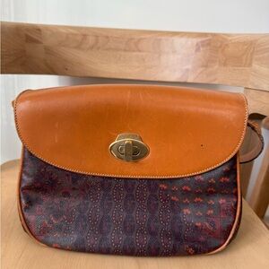 Vintage Escada Paisley Tan and Brown Leather Coated Canvas Crossbody Bag
